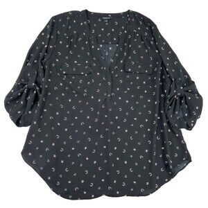 Torrid Women Sz 3X‎ Black Sheer Blouse Roll Tabs Long Sleeves Pockets V-Neck